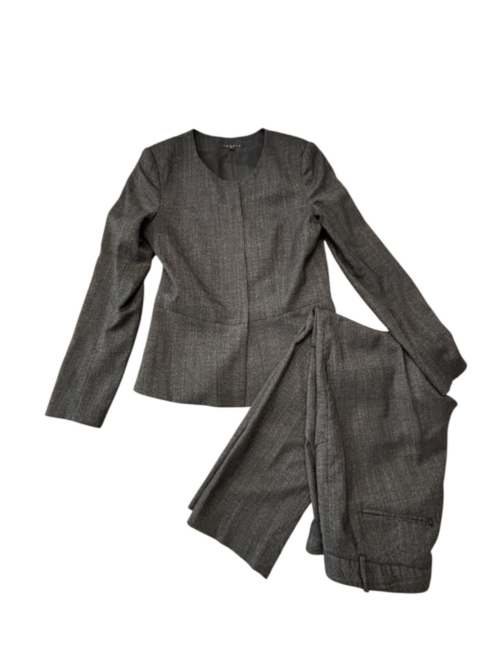Theory Copenhagen Peplum Suit Set Charcoal Wool Jacket 6 Pants 10